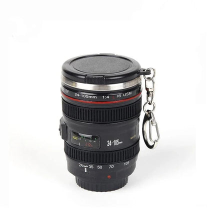 Stainless steel and plastic camera lens-shaped shot glass for serving cocktails, liqueurs, and specialty drinks