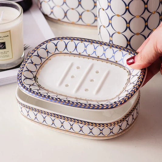 Elegant Nordic gold inlay double layer ceramic soap holder for dry soap and clean countertops
