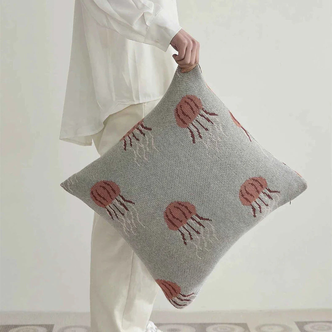 Elegant jellyfish pattern knitted cotton cushion cover in grey and green colours