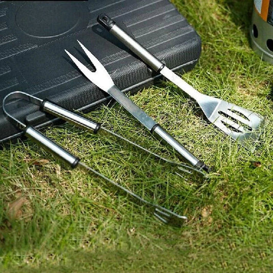Premium Stainless Steel BBQ Tool Set with Fork, Tongs, and Shovel - Durable, Heat Resistant, and Easy to Clean