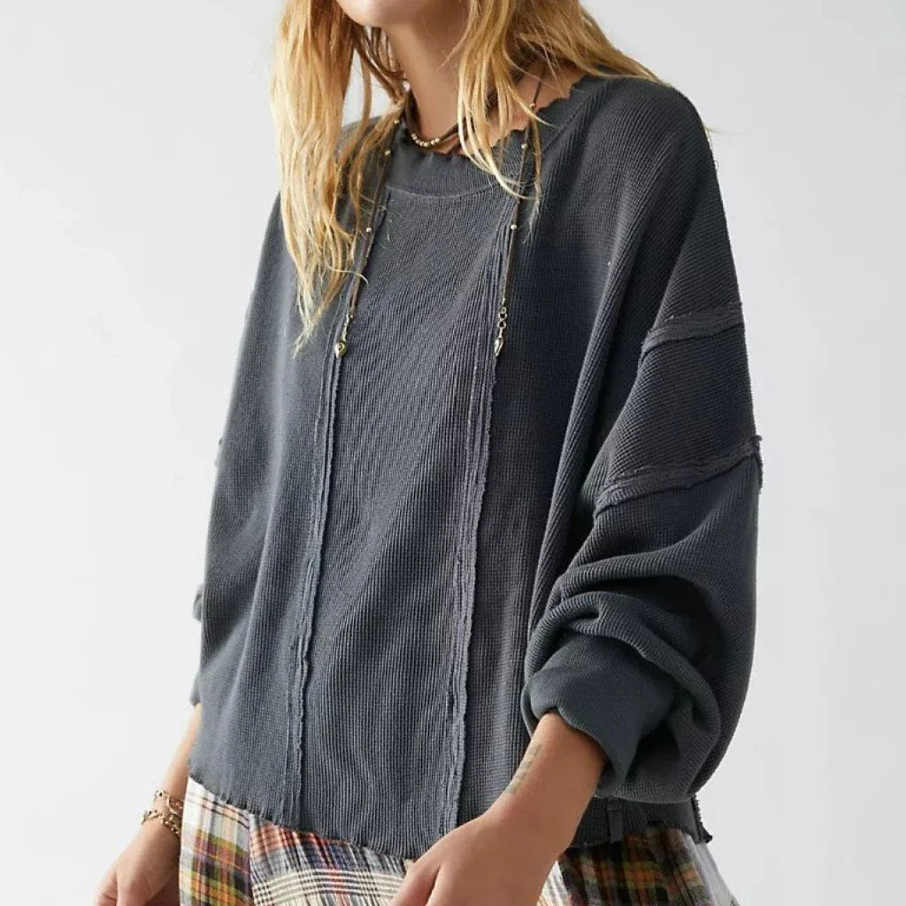 Chic cotton sweatshirt for women featuring a unique patchwork design, classic O-neck collar, and full-length sleeves for cosy comfort and fashion-forward style.