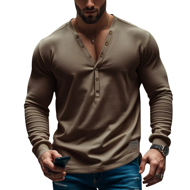 Premium men's slim-fit buttoned v-neck knit top in various colours, showcasing a tailored, sophisticated design