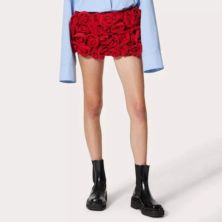 Premium High-Waist Patchwork Applique Slimming Shorts for Women in Red, featuring a flattering silhouette and unique feminine design.