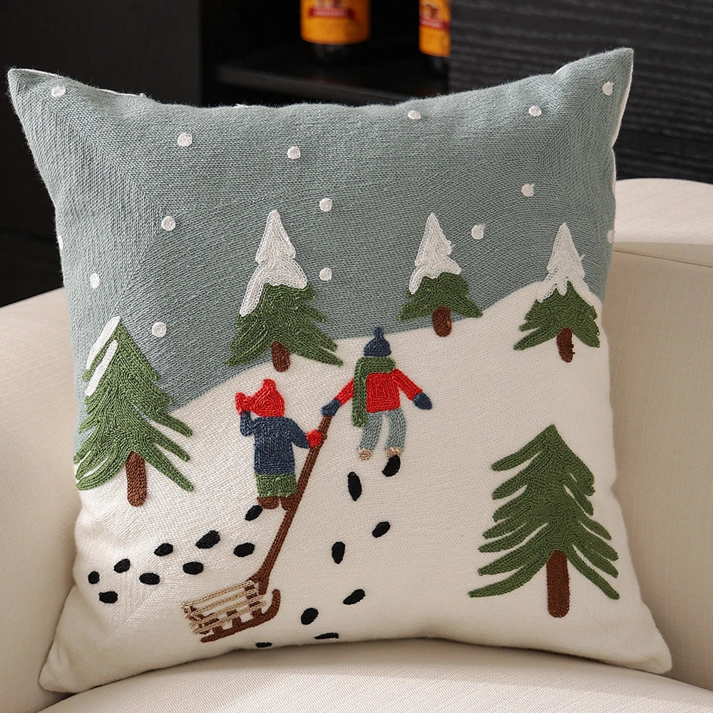 Cosy Christmas snowflake pillow cover with premium polyester fibre and embroidered snow mountain design