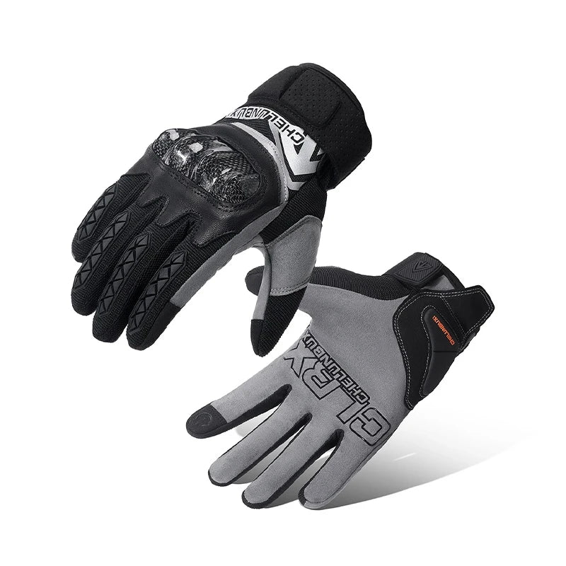 Pair of high-performance motorcycle riding gloves made from carbon fibre, featuring a sleek black design and reinforced palm and knuckle areas for superior protection.