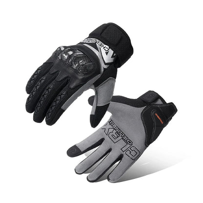 Pair of high-performance motorcycle riding gloves made from carbon fibre, featuring a sleek black design and reinforced palm and knuckle areas for superior protection.