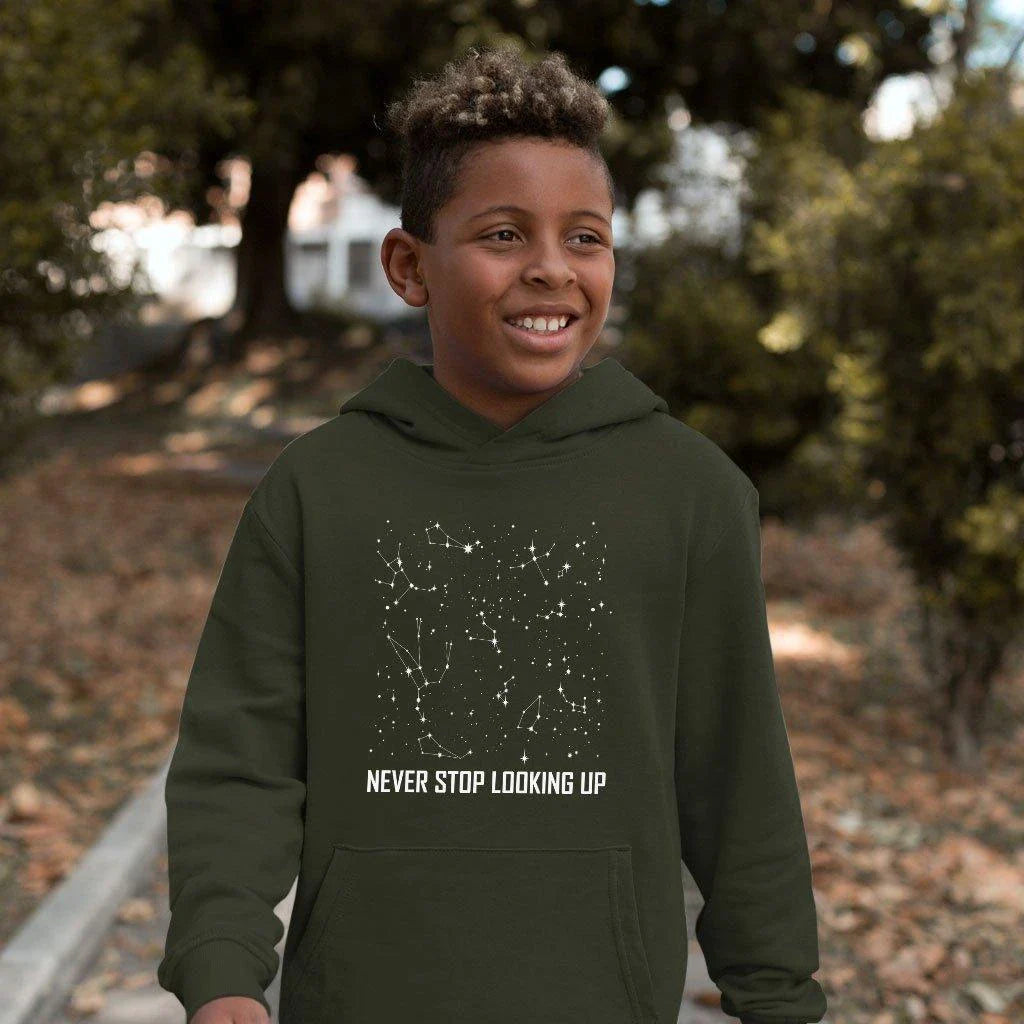 Kids' Constellation Stars Hoodie in Dark Gray Heather, made with premium Airlume cotton blend for cosy comfort