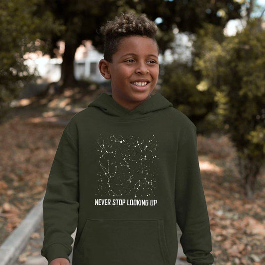 Kids' Constellation Stars Hoodie in Dark Gray Heather, made with premium Airlume cotton blend for cosy comfort