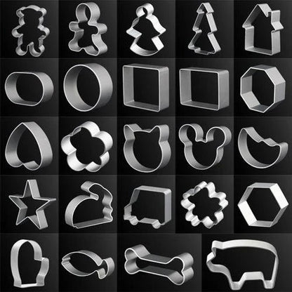 Premium eco-friendly geometric metal cookie cutters set in various colours, including silver, gold, and rose gold.