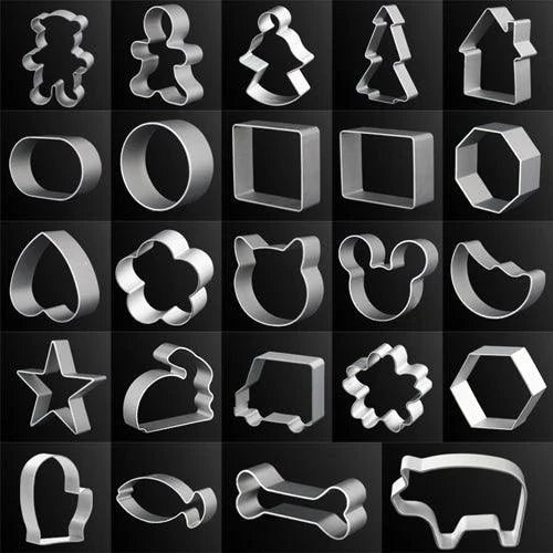 Premium eco-friendly geometric metal cookie cutters set in various colours, including silver, gold, and rose gold.