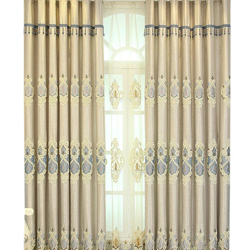Elegant European-style embroidered mesh curtains in beige and grey colours, providing excellent sun shading and premium quality for living rooms and bedrooms.