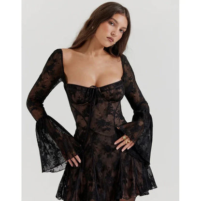 Chic lace flare sleeve mini dress with square neckline, a modern and sophisticated British-made fashion item