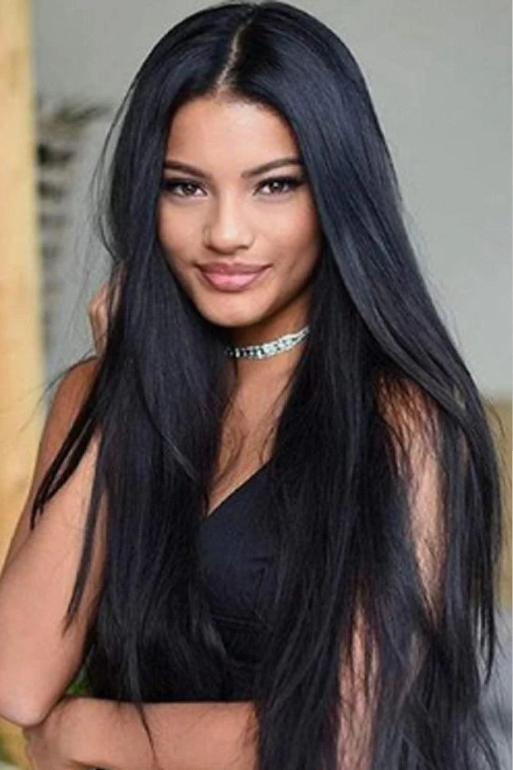 Stylish 13*2 inch lace front straight synthetic wig in black, 26 inch length, 150% density