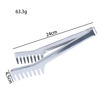 24cm premium stainless steel tongs with thickened wide edge, insertable and releasable design, and independent comb clip for effortless handling of noodles, spaghetti, and irregularly shaped foods