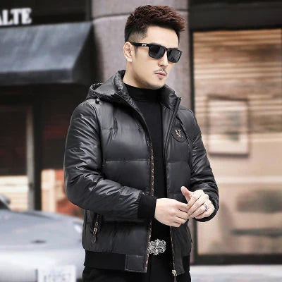 Warm and weatherproof men's down jacket with stand collar and knitted sleeves, made from premium polyester fibre and filled with luxurious duck down