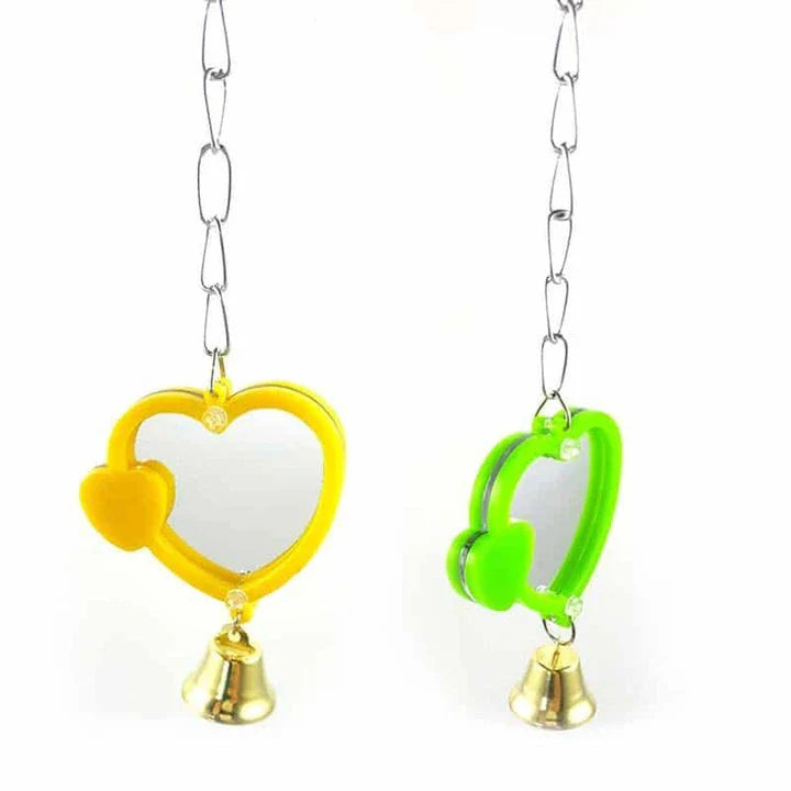Heart-shaped mirror designed for birds, featuring a reflective surface and sturdy acrylic-metal construction for a captivating visual experience.