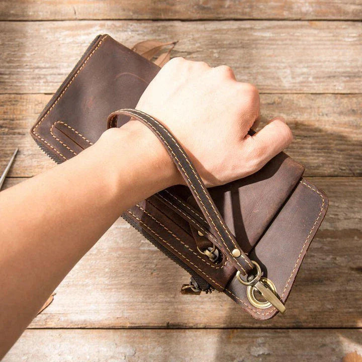 Premium genuine leather zipper phone wallet case in dark brown colour with multiple compartments for organisation