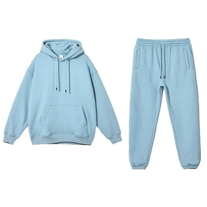 Cosy fleece hoodie and jogger set in light pink, grey, and navy blue colours for ultimate comfort and style
