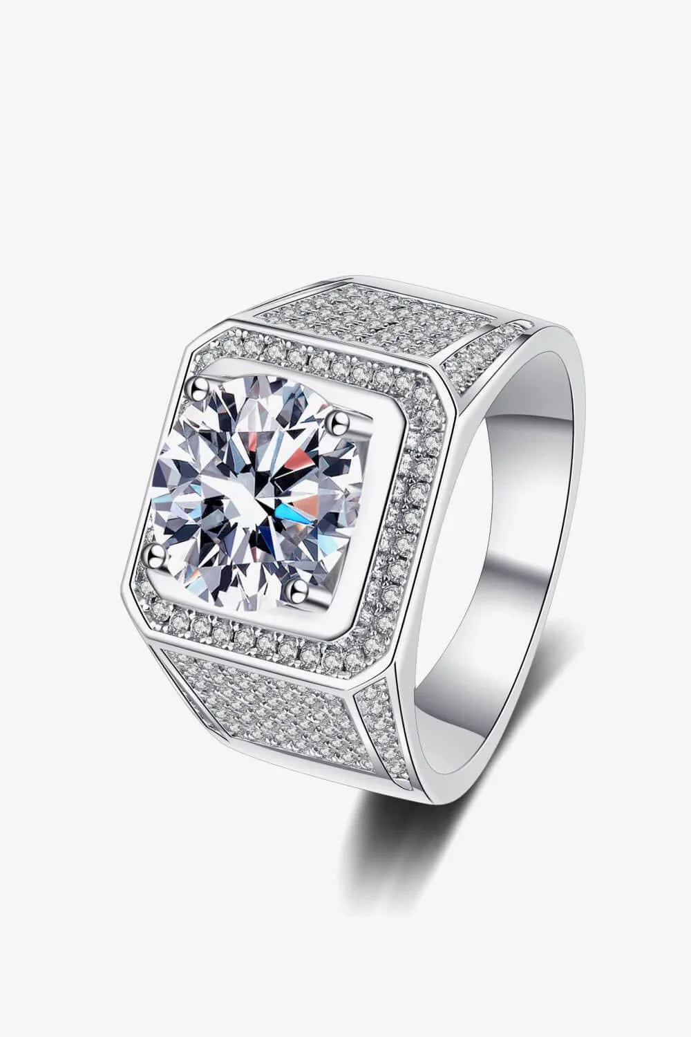 Elegant 925 sterling silver ring featuring a mesmerizing moissanite centre stone and delicate zircon accent stones