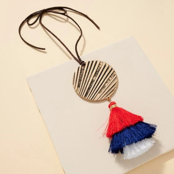 God Bless America Car Charm with Vibrant Red and Blue Tassels, Crafted with Premium Materials for Long-Lasting Use