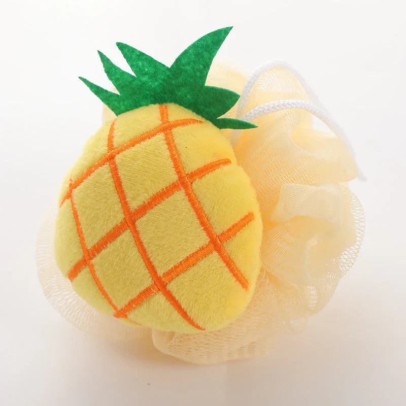 Colourful cartoon fruit-shaped exfoliating shower sponge made from durable nylon mesh