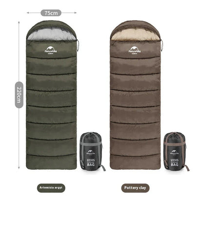 Naturehike Luxury Down-filled Sleeping Bag for Outdoor Camping in Hollow Cotton/Clay Gray, Hollow Cotton/Moxa Leaf Green, and Down Cotton/Sky Blue colours