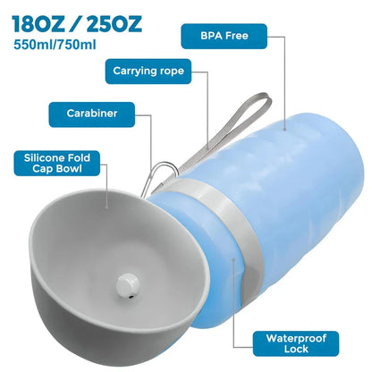 Portable dog water bottle with foldable drinking cup bowl, made of durable and food-grade plastic for safe hydration on walks, hikes, and outdoor activities.
