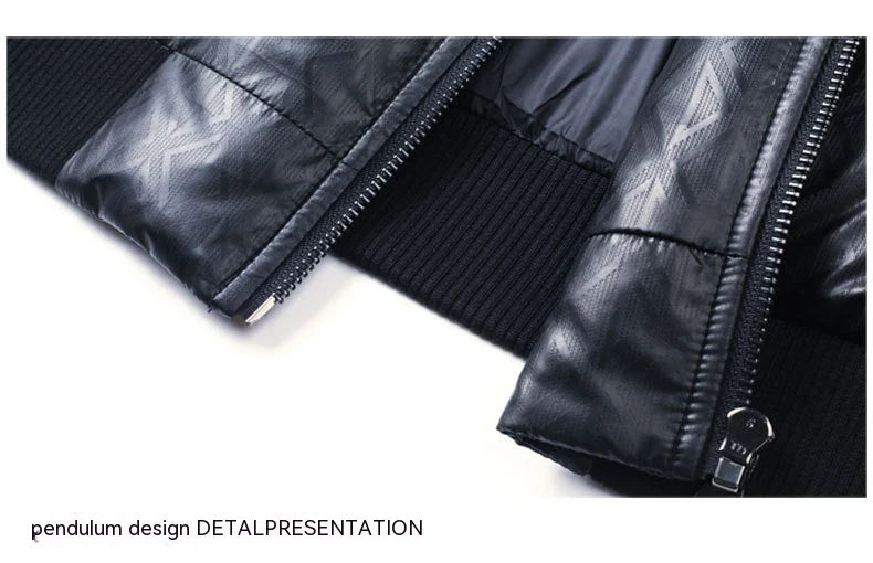 Warm and weatherproof men's down jacket with stand collar and knitted sleeves, made from premium polyester fibre and filled with luxurious duck down