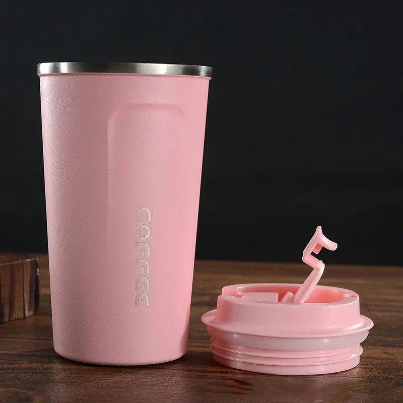 Stylish and durable stainless steel thermos mug with double-wall vacuum insulation, keeping drinks hot or cold for hours on end.