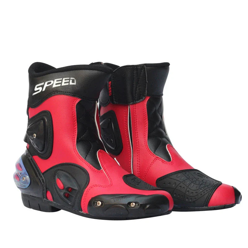 Premium motorcycle riding boots with durable microfiber leather, breathable mesh lining, and reinforced toe and heel for enhanced impact protection