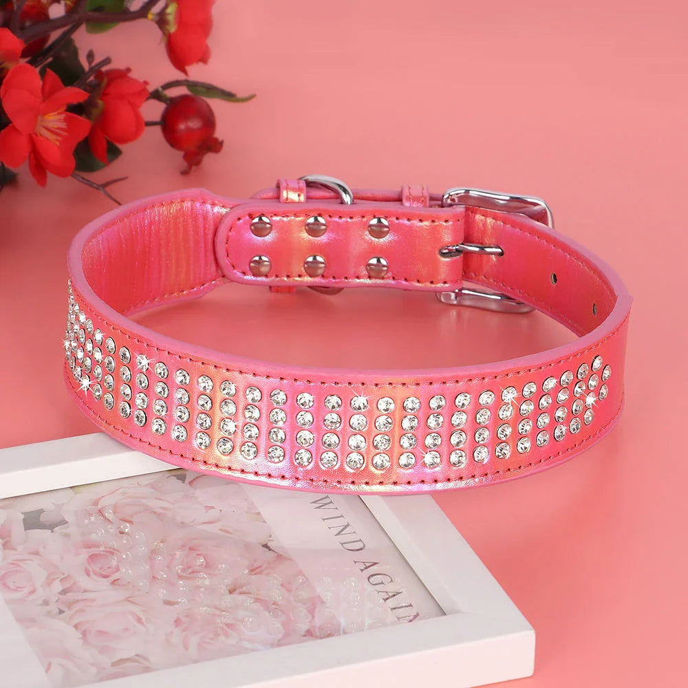 Dazzling rhinestone dog collar made from premium PU leather, available in multiple sizes and colours for medium and large dogs