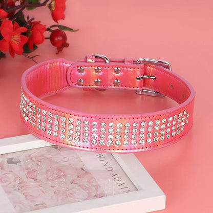 Dazzling rhinestone dog collar made from premium PU leather, available in multiple sizes and colours for medium and large dogs
