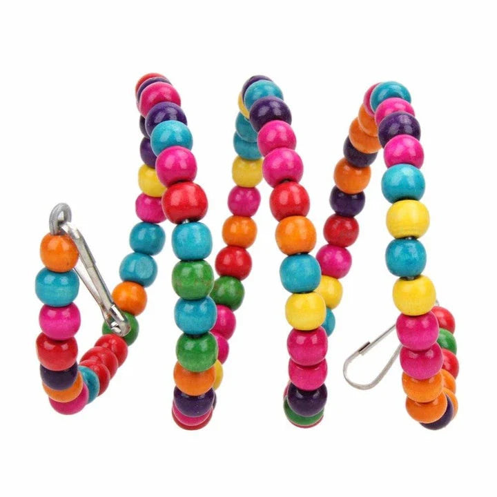 Multicolored bird swing made of wood and iron wire, designed to provide amusement and enrichment for pet birds