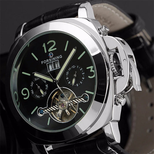 Automatic luminous skeleton watch with stainless steel case and genuine leather strap for men