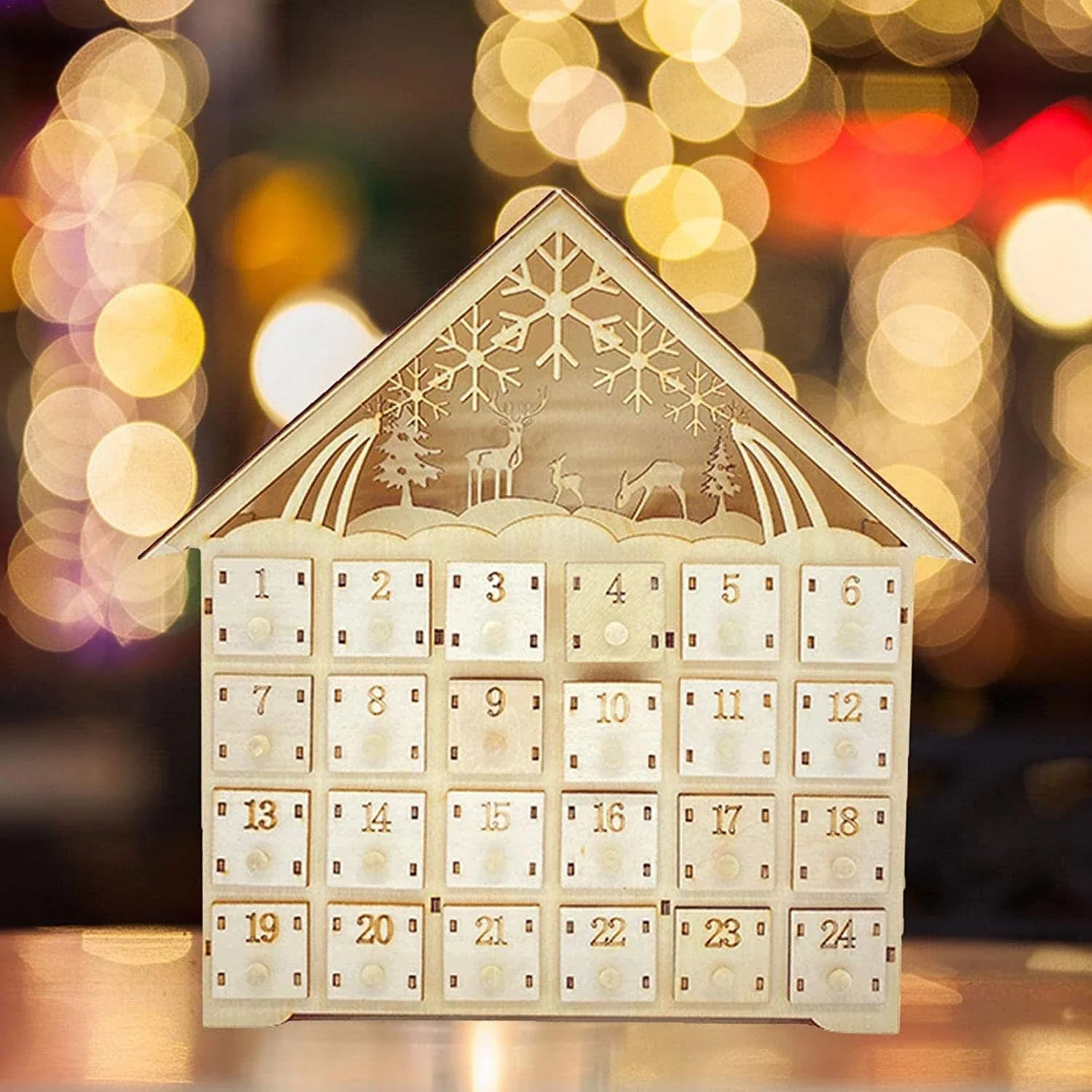 Handcrafted British Christmas ornaments in natural wood colour, showcasing elegant European-inspired design
