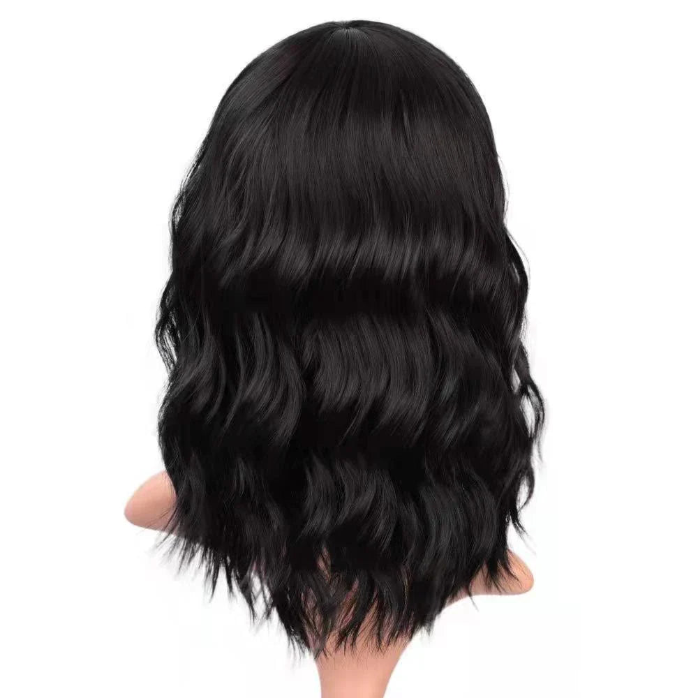 A premium curly wig with natural-looking waves and customisable air bangs, crafted with high-quality artificial hair fibres for a versatile and long-lasting style.