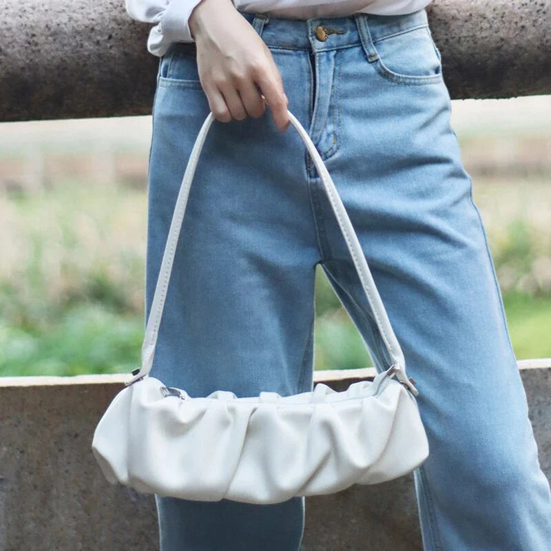 Pleated fashion one-shoulder diagonal handbag in various colours including white, yellow, green, black, and light blue