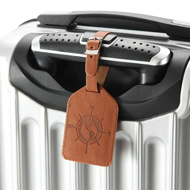 Compass Leather Luggage Tag with Geometric Pattern, Durable PU Leather, and Clear Identification Window