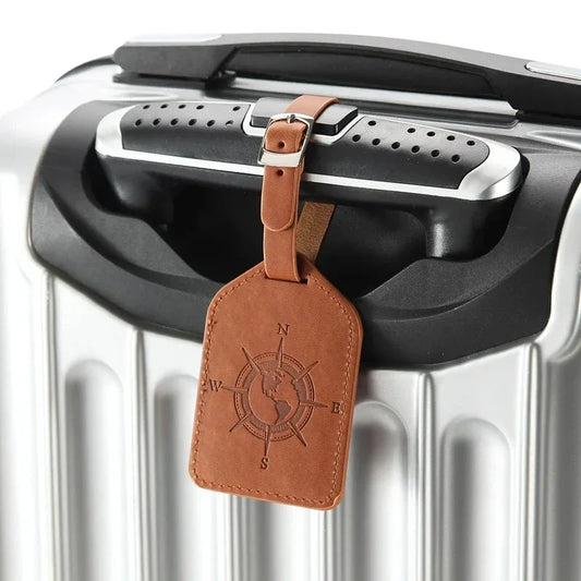 Compass Leather Luggage Tag with Geometric Pattern, Durable PU Leather, and Clear Identification Window