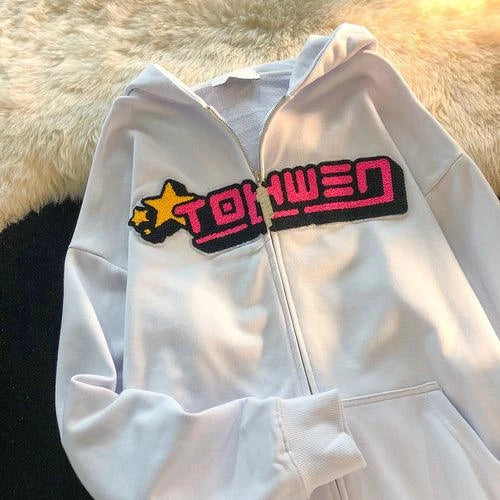 Women's oversized hooded sweater in white with letter embroidery design, a cozy and stylish casual fashion accessory