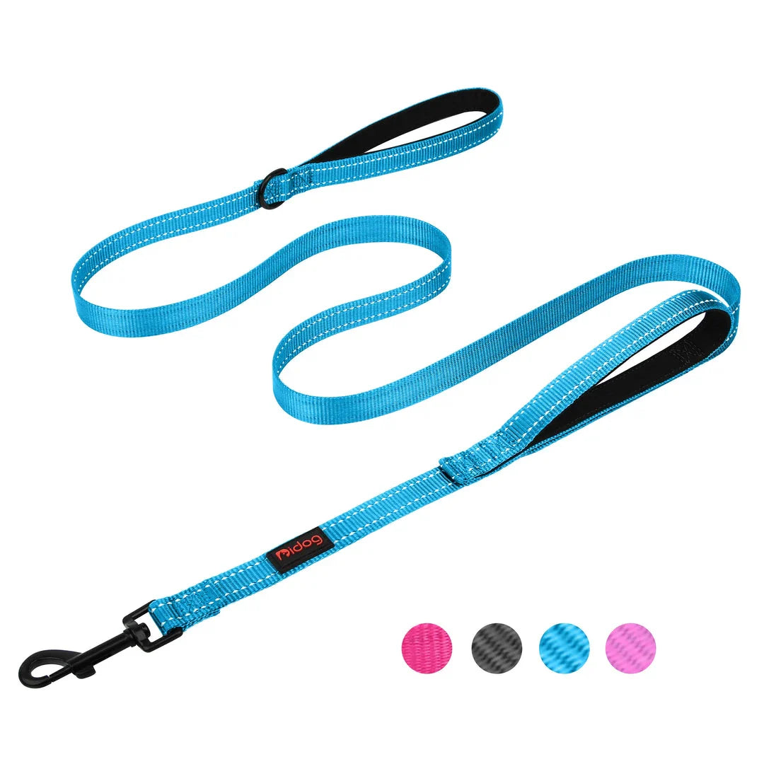 Premium 5ft Dual-Handle Reflective Nylon Dog Leash with durable nylon construction, padded handles, and reflective stitching for enhanced visibility