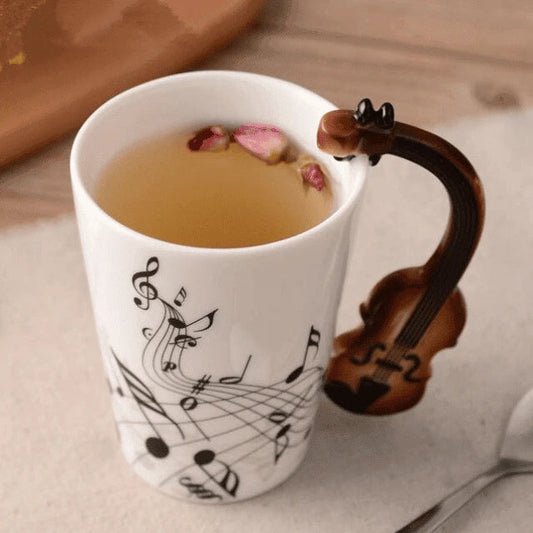 Premium eco-friendly ceramic mug with unique musical instrument-themed designs, a charming and sustainable addition to any kitchen.