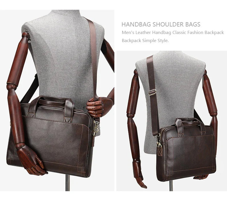 Men's genuine leather briefcase in dark coffee colour, featuring a spacious interior and adjustable shoulder strap for versatile carrying