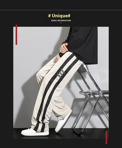 Comfortable striped straight-leg casual trousers in various colours and sizes