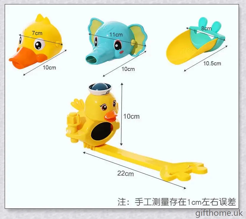 A yellow duck-shaped faucet extender that elevates a child's hand-washing experience at the sink