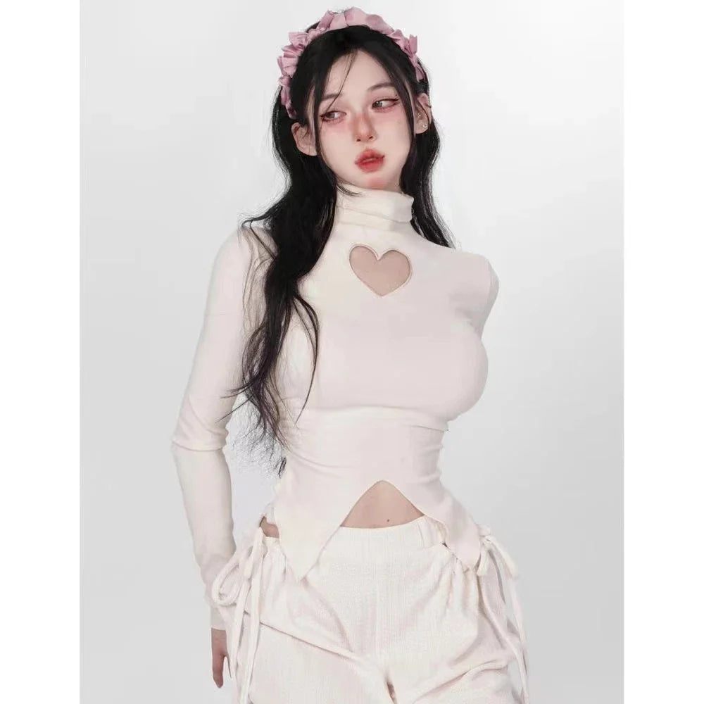 Premium high-neck long-sleeve t-shirt with elegant heart-shaped design in white