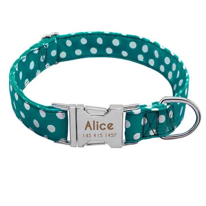 Premium polka dot dog collar made of durable nylon, adjustable for a comfortable fit on dogs of all sizes