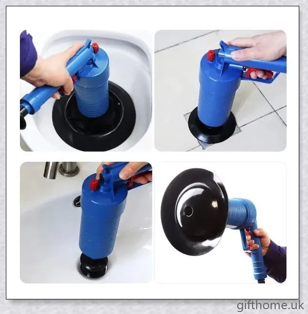 The Air Drain Blaster, a high-powered tool that uses compressed air to quickly unclog sinks, tubs, and toilets without harmful chemicals.