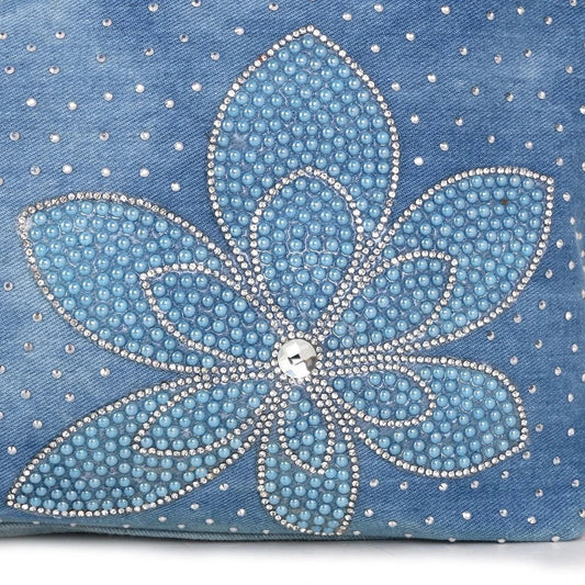 Light blue denim crossbody bag with sparkling diamond-inspired detailing from Trendha