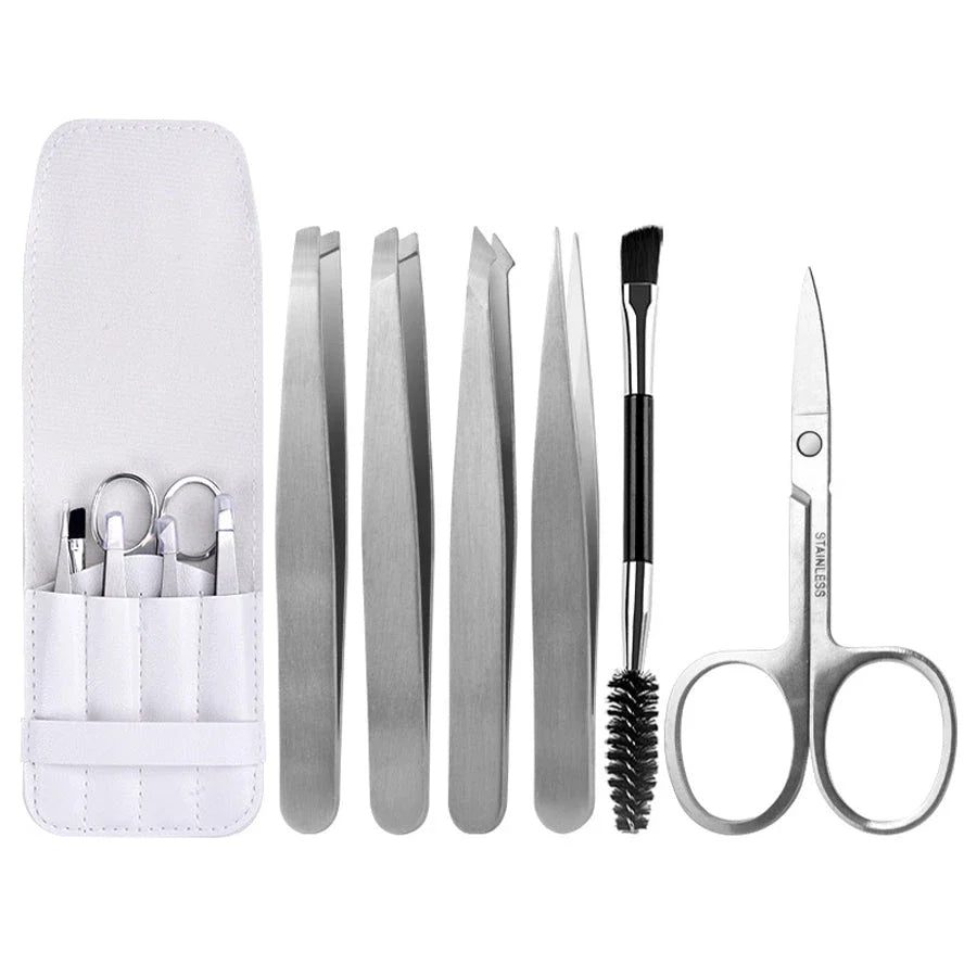 Premium 6-Piece Eyebrow Grooming Kit with Precision Tweezers, Curved Scissors, and Dual-Sided Brow Brush